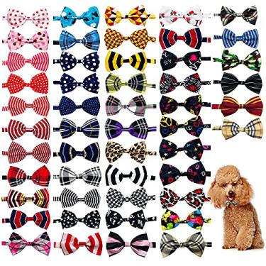 Imagem de JpGdn 50 peças de gravatas borboleta para cães pequenos a granel para filhotes de cachorro gato gatinho coelho médio meninos e meninas gravatas borboleta com bolinhas xadrez listras para animais de estimação coleira ajustável laços de pescoço laços acessórios de higiene