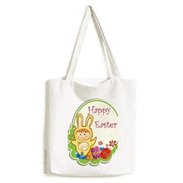 Imagem de Sacola de lona Happy Easter Coelhinho amarelo criança cultura ovo bolsa de compras casual bolsa