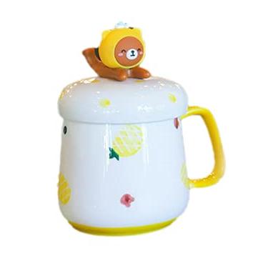 Imagem de Caneca de gato com tampa e colher 3D linda xícara de chá de café de cerâmica conjunto de caneca de casal para professores, mães, amigas, amantes, (abacaxi, 400 ml)