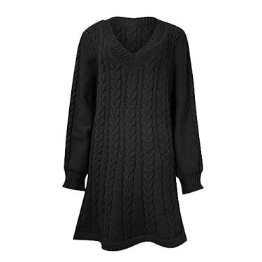 Imagem de Suéter feminino de comprimento médio com decote em V sólido, vestido de malha, vestido semiformal, Preto, M