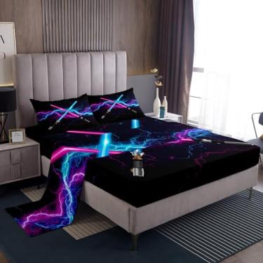 Imagem de Lençol de cama azul laranja sabre de luz, conjunto de cama neon brilhante relâmpago 4 peças, lençóis com elástico com tema de videogame para decoração de quarto de crianças, meninos, meninas, adolescentes, lençol de cima preto legal, 2 fronhas