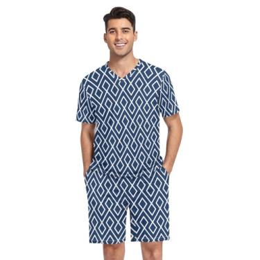 Imagem de KLL Pijama masculino abstrato ziguezague azul marinho conjunto de pijama de duas peças manga curta tops e shorts, Ziguezague abstrato azul-marinho, M