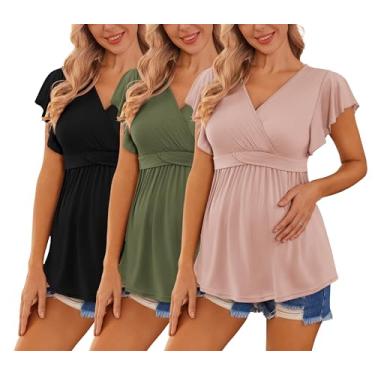 Imagem de Ekouaer Camisetas femininas para gestantes, pacote com 3, camisetas voadoras de manga curta, gola V, roupas para gravidez, Preto + rosa + verde militar (3 peças), G