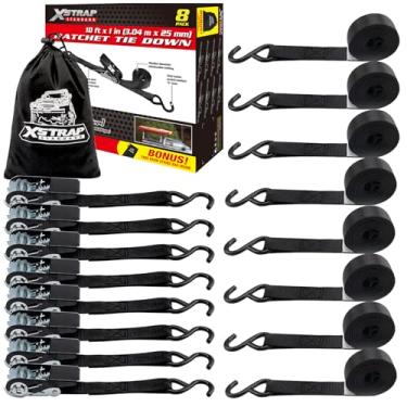 Imagem de XSTRAP STANDARD Correias catraca, força de ruptura de 408 kg, pacote com 8 tiras de amarração de catraca de 3 m, conjunto de tiras de amarração para motocicletas, aparelhos, equipamentos de gramado, correias logísticas de carga para caminhões (preto)