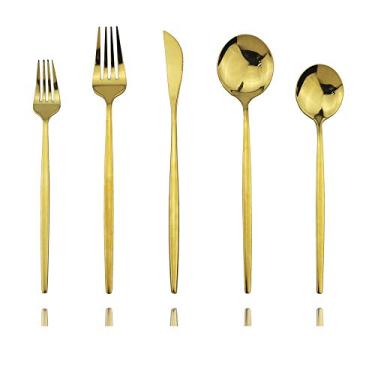 Imagem de Conjunto de talheres de prata preto brilhante, JASHII 20 peças de aço inoxidável com acabamento acetinado conjunto de talheres de cozinha, conjunto de utensílios de cozinha polido espelhado, conjunto de talheres para casa e restaurante, lavável na máquina de lavar louça, Dourado, Service for 6