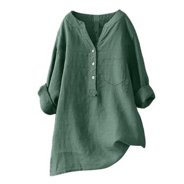 Imagem de Camiseta feminina de linho Henley Pocket Blusas Plus Size manga longa cor sólida verão túnica, Verde, GG