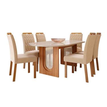 Imagem de conjunto de mesa de jantar oval com tampo de vidro off white valentina e 6 cadeiras paola suede nude e cinamomo