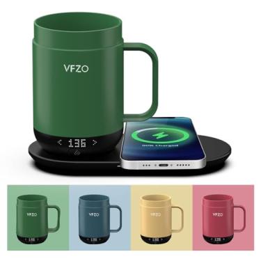 Imagem de VFZO Caneca inteligente de controle de temperatura de 473 ml, tela de LED com autoaquecimento, vida útil da bateria de 180 min - Carregador rápido sem fio de até 65 °C, design aprimorado, conjunto de