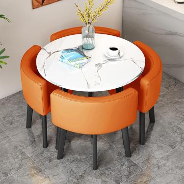 Imagem de Mesa de cozinha e cadeiras para conjunto de mesa de sala de jantar compacto de 4, 5 peças, DI 31/35.4IH tampo com padrão de mármore falso e 4 assentos estofados em couro PU, conjuntos mode