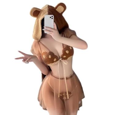 Imagem de THSCWY Women's Sexy Anime Lingerie Set 3 Piece Bear Cosplay Costume Lace Hooded Bra and Panty Set Lady Naughty Nightwear