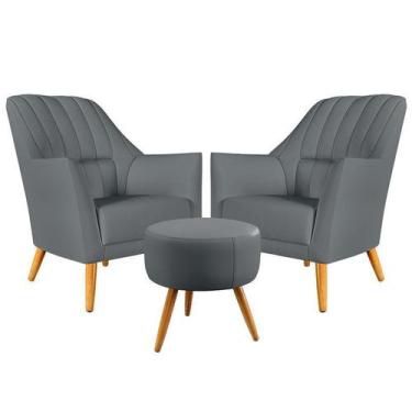 Imagem de Kit 2 Poltronas Decorativa Orion Bordada com Puff Solar Sued Cinza Ara