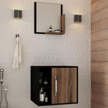 Imagem de Armário de Banheiro 1 Porta 2 Prateleiras com Espelho Preto ônix/Nogal