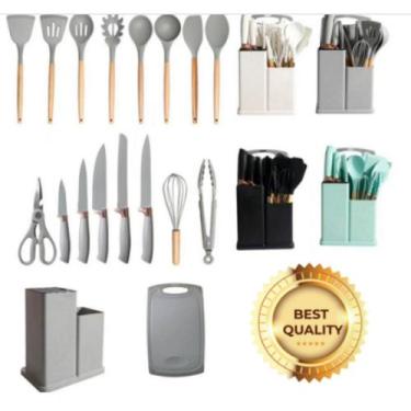 Imagem de Kit Completo Jogo Utensílios de Cozinha Luxo 19 Peças Com Tábua em Sil