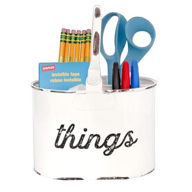 Imagem de AuldHome — Organizador de utensílios de esmalte branco rústico com 4 compartimentos para decoração de casas de fazenda para utensílios, lápis e mais "coisas"