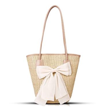 Imagem de Sacola feminina, bolsa de palha, bolsa de palha tecida à mão, laço grande e alça de couro, bolsas de tecido adequadas para praia, viagens, combinação diária (Cáqui), Caqui, 11.4 x 9.6 x 3 inches