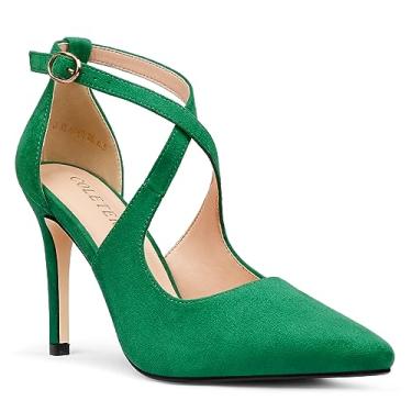 Imagem de COLETER Sapato social feminino D'Orsay de 10 cm bico fino salto alto com tira no tornozelo cruzada, Camurça verde, 7