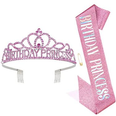Imagem de CIEHER Conjunto de coroa de aniversário de princesa rosa e faixa de aniversário, tiara de aniversário para mulheres, decorações de aniversário para meninas, decorações de festa de princesa com strass,