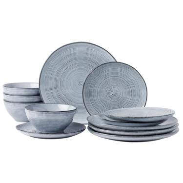 Imagem de famiware Conjuntos de pratos e tigelas para 4, 12 peças de louça de grés, conjunto de pratos, conjuntos de louça de esmalte reativo, seguro para lava-louças e micro-ondas, série Tempus - azul pérola