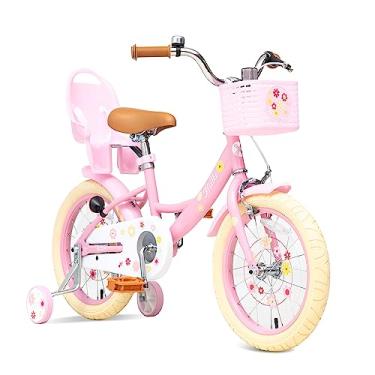 Imagem de Bixike Bicicleta para meninas com cesta para crianças de 3 a 8 anos, bicicleta infantil de 14 e 16 polegadas com sino, suporte e rodas de treinamento, bicicleta estilo princesa com assento de boneca e