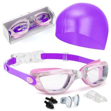 Imagem de Hurdilen Óculos de natação infantis, óculos de natação para crianças de 3 a 14 anos com touca de natação, clipe de nariz, ponte de nariz, tampões de ouvido
