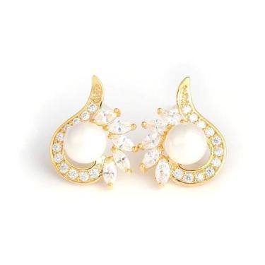 Imagem de Brinco Perola Zirconia Pequeno Prata Dama Festa Daminha Ouro - DeCastr