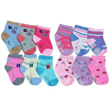 Imagem de Meias Sortidas Infantil Bebê - Kit 12 Pares: Solado Liso + Antiderrapa