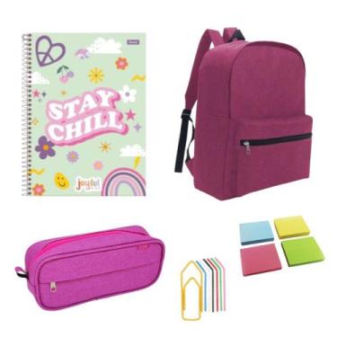 Imagem de Kit Material Escolar Rosa Fofo Mochila Minimalista Estojo 2 Divisórias