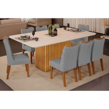 Imagem de Conjunto: Mesa Sala Jantar Canes Tampo Madeirado c/ Vidro Curvo 200x100cm e 8 Cadeiras Stela Cedro/Off White - Ipe/Suede Lunar - DJ Móveis