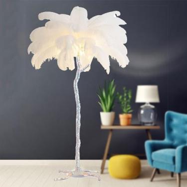 Imagem de Luminária de chão moderna, luminária de chão de penas de avestruz com 3 cores reguláveis, corpo de luz prateada, lâmpada decorativa de penas, luminária de chão romântica para sala de estar e quarto