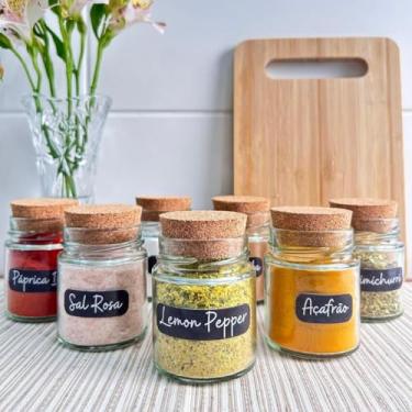 Imagem de Kit Potes de Temperos Vidro Gourmet + 32 Etiquetas Porta Temperos Tampa Rolha Cozinha Armazenamento (10 Potes + Etiq. Pretas)