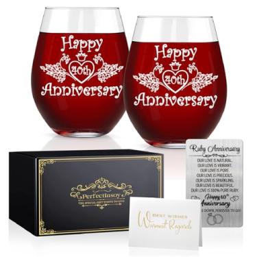 Imagem de Perfectinsoy Conjunto de taças de vinho Happy 40th Anniversary com cartão de memória metálico, presente de casamento de 40º aniversário para mãe, pai, esposa, alma gêmea, casal, presente engraçado de