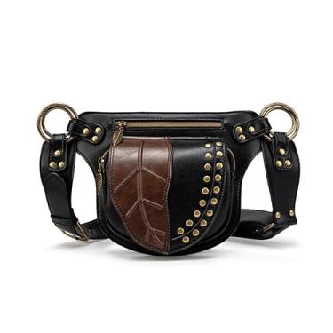 Imagem de SandraWang Bolsa de cintura de couro estilo renascentista com design de folha, pochete retrô com detalhes dourados | verde | vermelho | laranja | café, Café, Renascentista