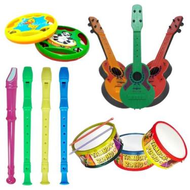 Imagem de Kit 4 brinquedos kit musical flauta, pandeirola, tamborzinho, violão -