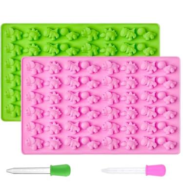 Imagem de Dwwffer 2 peças mini moldes de silicone para doces de dinossauro, bandeja antiaderente de gelatina de chocolate com 2 conta-gotas, cria 96 lanches doces Tricerátopo T-Rex estegossauro (rosa + verde)