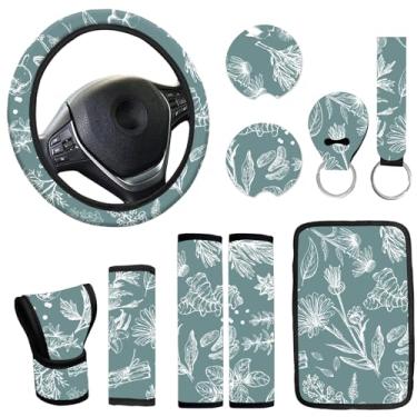 Imagem de JINGSEN Capa de volante de carro com 10 folhas, console central, apoio de braço, apoio de cabeça, capa de cinto de segurança, capa de freio de mão, porta-chaves, conjunto completo de SUV (folha de