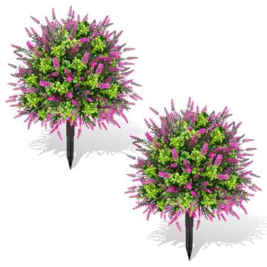 Imagem de ENVEN Topiaria artificial lavanda bola árvore plantas ao ar livre com ponta de chão 56 cm - arbustos artificiais resistentes a UV, plantas falsas de eucalipto para interior e jardim, quintal, varanda
