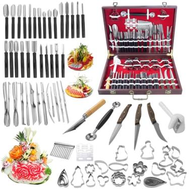 Imagem de Conjunto de ferramentas de corte de frutas de aço inoxidável de 80 peças – Kit profissional de facas de escultura de melancia com alças ergonômicas e caixa de madeira portátil, ferramentas de corte de