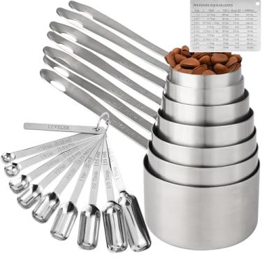 Imagem de IFFMYJB Conjunto de 19 copos de medição e colheres, 7 copos de medição empilháveis de aço inoxidável, 9 colheres de medição, colheres e copos de medição de metal para ingredientes secos ou molhados