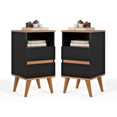 Imagem de Kit Mesa de Cabeceira Retro Pés Palito PVC Duas Gavetas Mesa Lateral Preto - Pop