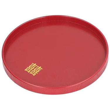 Imagem de Bandeja de Porção de Madeira Sólida, Bandeja de Bandeja Vermelha Artesanal para Mesa de café, Lanches e Bebidas (Redonda l)