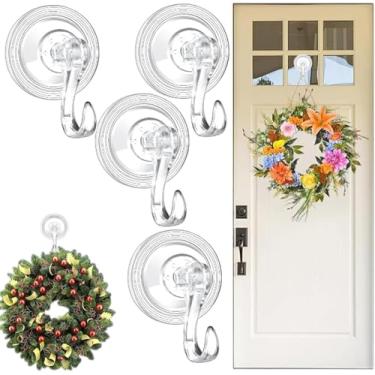 Imagem de Pacote com 4 ganchos de guirlanda, ganchos de guirlanda com ventosa grande para decoração de Halloween e Natal, 10 kg, resistente, impermeável, removível, grande guirlanda para vidro, portas, azulejos