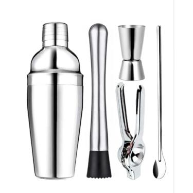 Imagem de Conjunto Profissional de Coqueteleira de AçO InoxidáVel com 5 PeçAs, Coqueteleira de 500 Ml Ou 750 Ml, Copo Medidor, Amassador, Colher e Espremedor(COM A COQUETELEIRA DE 500ML)