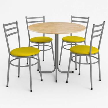 Imagem de Mesa de Jantar Redonda 80cm Pinus Com 4 Cadeiras Estofada Cinza - Lama