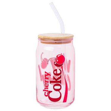Imagem de Silver Buffalo Copo de vidro Coca Cola Cherry Coke Very Cherry com tampa de bambu e canudo de plástico - 473 ml