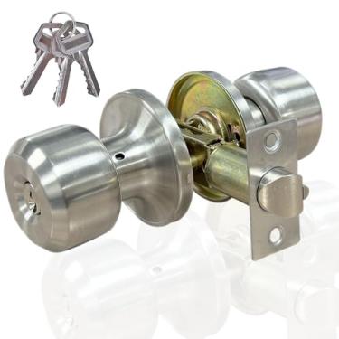 Imagem de Maçaneta esférica redonda de aço inoxidável de alta segurança - com fechadura e chave, adequada para entrada, porta da frente e quarto, prata