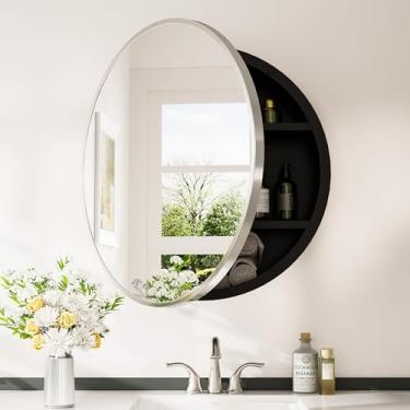 Imagem de Keonjinn Armários de remédios redondos de níquel escovado de 76 cm para banheiro com espelho, armário de remédios com moldura metálica de montagem em superfície circular, armário de banheiro de