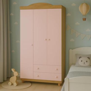 Imagem de Roupeiro Lara Rose Para Quartos Infantis Ou Maternidade 3 Portas 2 Gavetas Móvel 100% MDF Robusto