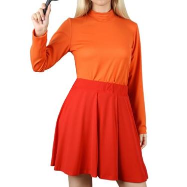 Imagem de DANAZANA Velma fantasia de festa de Halloween cosplay conjuntos de roupas femininas de manga longa com saia vermelha Scooby Velma fantasias ternos