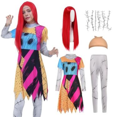Imagem de Fantasia feminina Sally para adultos, fantasia de Halloween, Natal, pesadelo, cosplay, vestido com peruca vermelha, pintura facial GR028S