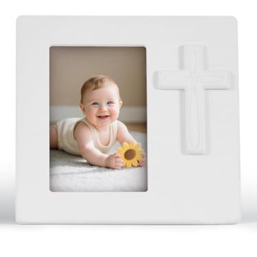 Imagem de OOOMART.COM Moldura de batismo, moldura de primeira comunhão para meninas, presente de batismo para meninos, design de cruz de madeira branca, porta-retratos religiosos, presentes de batizado para